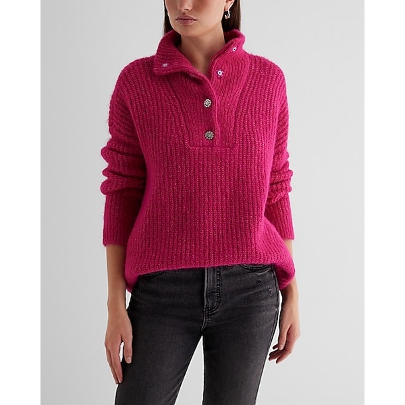 New Express Pink Fuzzy Knit Embellished Quarter Snap Sweater Size Large L